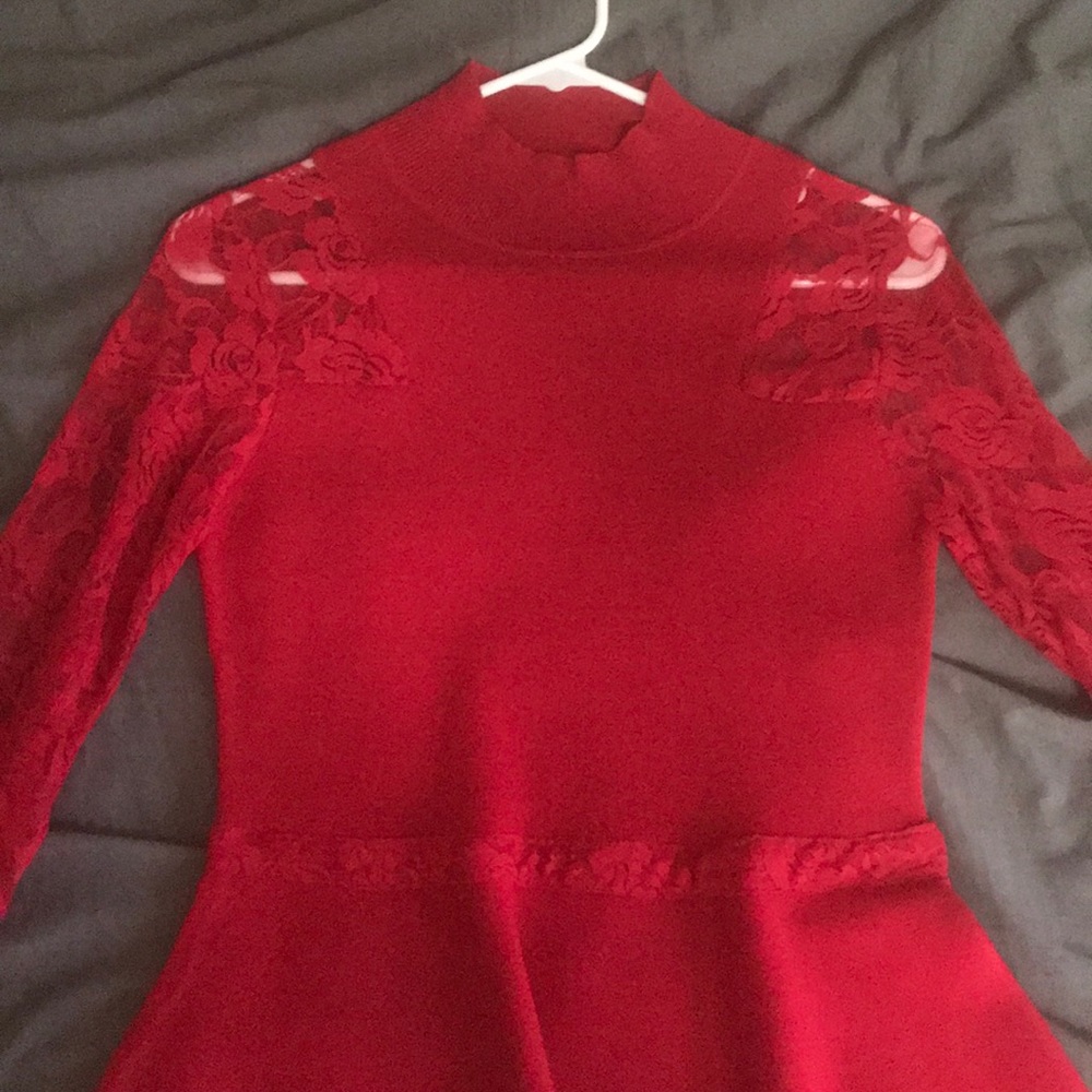 Red peplum lace long sleeve high neck top